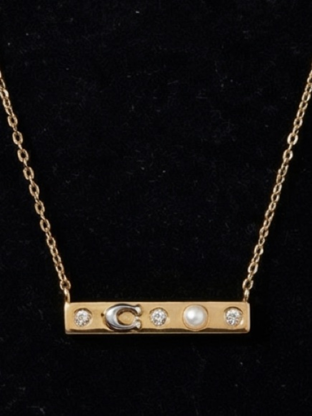 Gold & Silver Tone Bar Necklace with Pearls and Crystals & Letter C